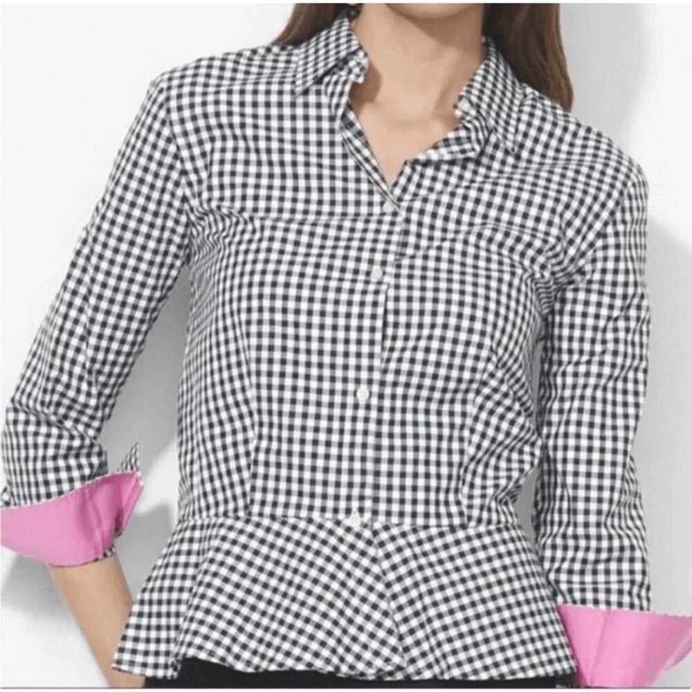 Lauren Ralph Lauren Peplum Button Up Blouse Womens Size 4 Petite Black Gingham